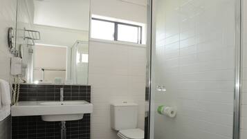 A modern bathroom with a glass shower enclosure, a white sink, and a toilet.