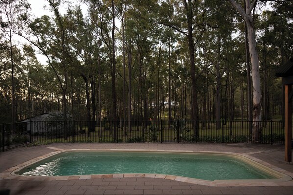 A rectangular swimming pool with a black metal fence surrounding it, set in a landscaped area with trees and a grassy lawn. - Pokolbin Cottages (Pokolbin)