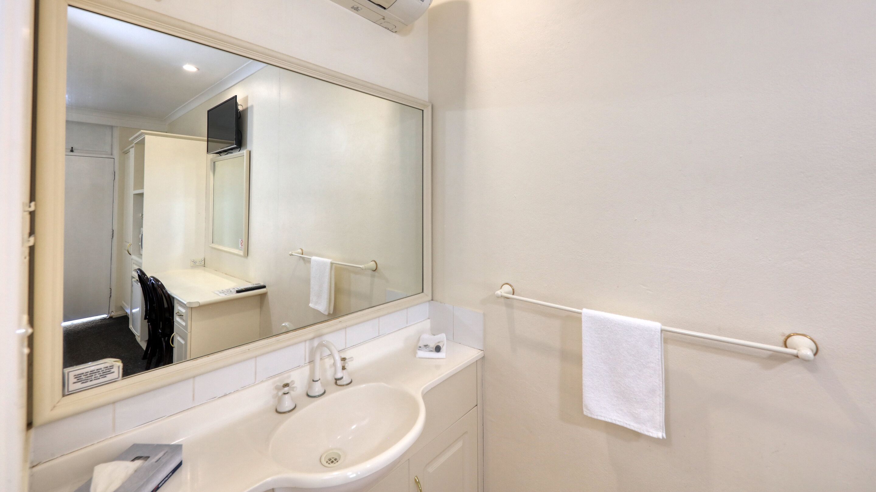 A bathroom with a large mirror, a sink, and a towel rack.