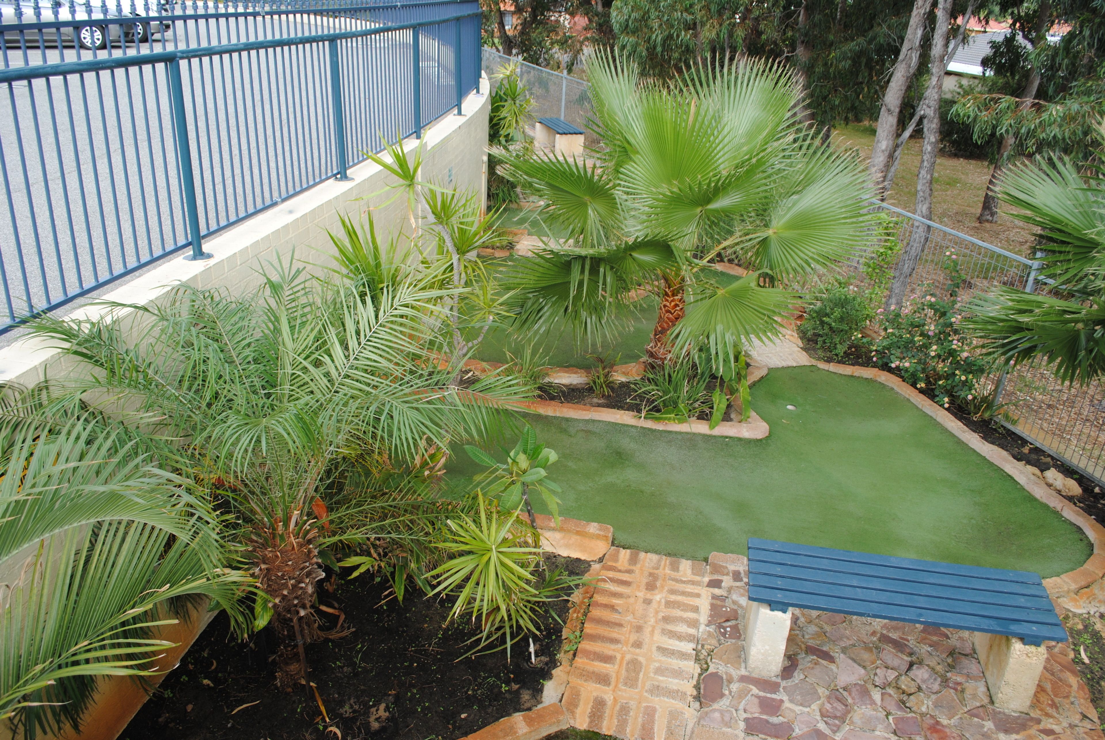 A landscaped garden with palm trees, a small lawn, and a blue bench.