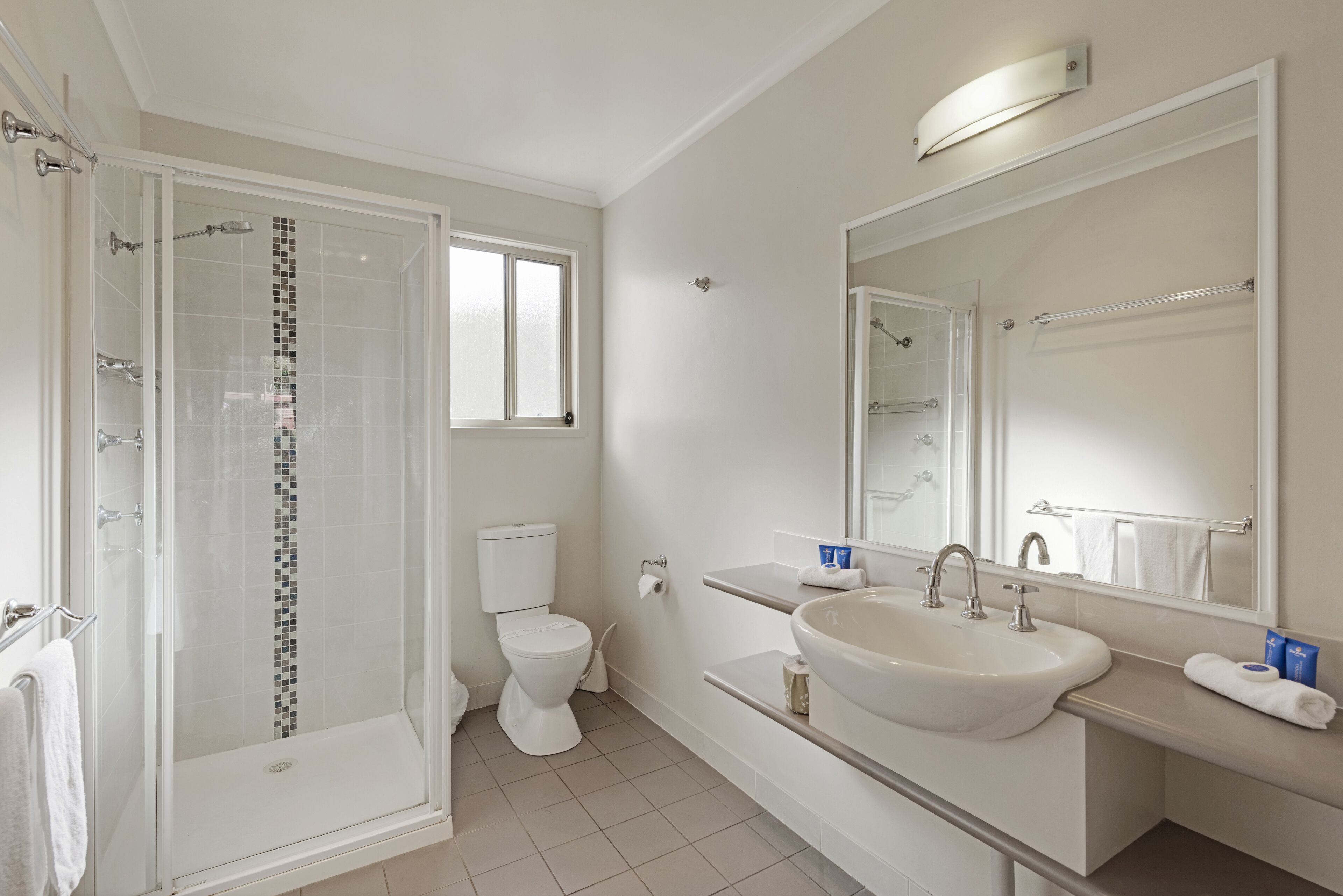 A modern bathroom with a glass-enclosed shower, a toilet, a sink, and a large mirror.