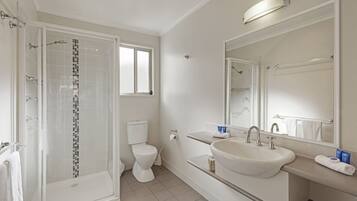 A modern bathroom with a glass-enclosed shower, a toilet, a sink, and a large mirror.