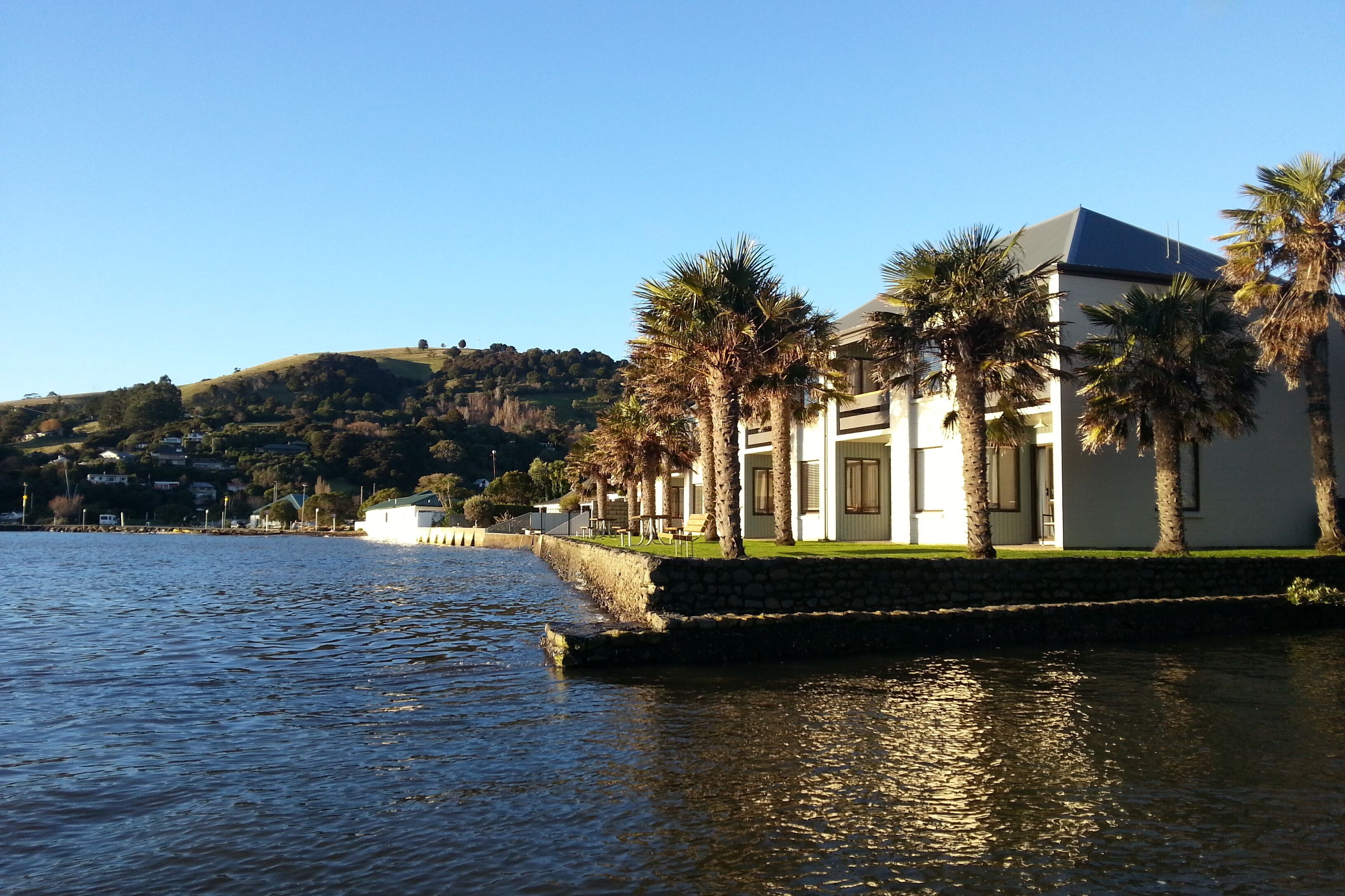 Hotel aan het waterwater met een stenen muur, palmbomen en uitzicht op een heuvel met huizen op de achtergrond.