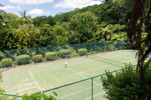 Una cancha de tenis rodeada de abundante vegetación y árboles.