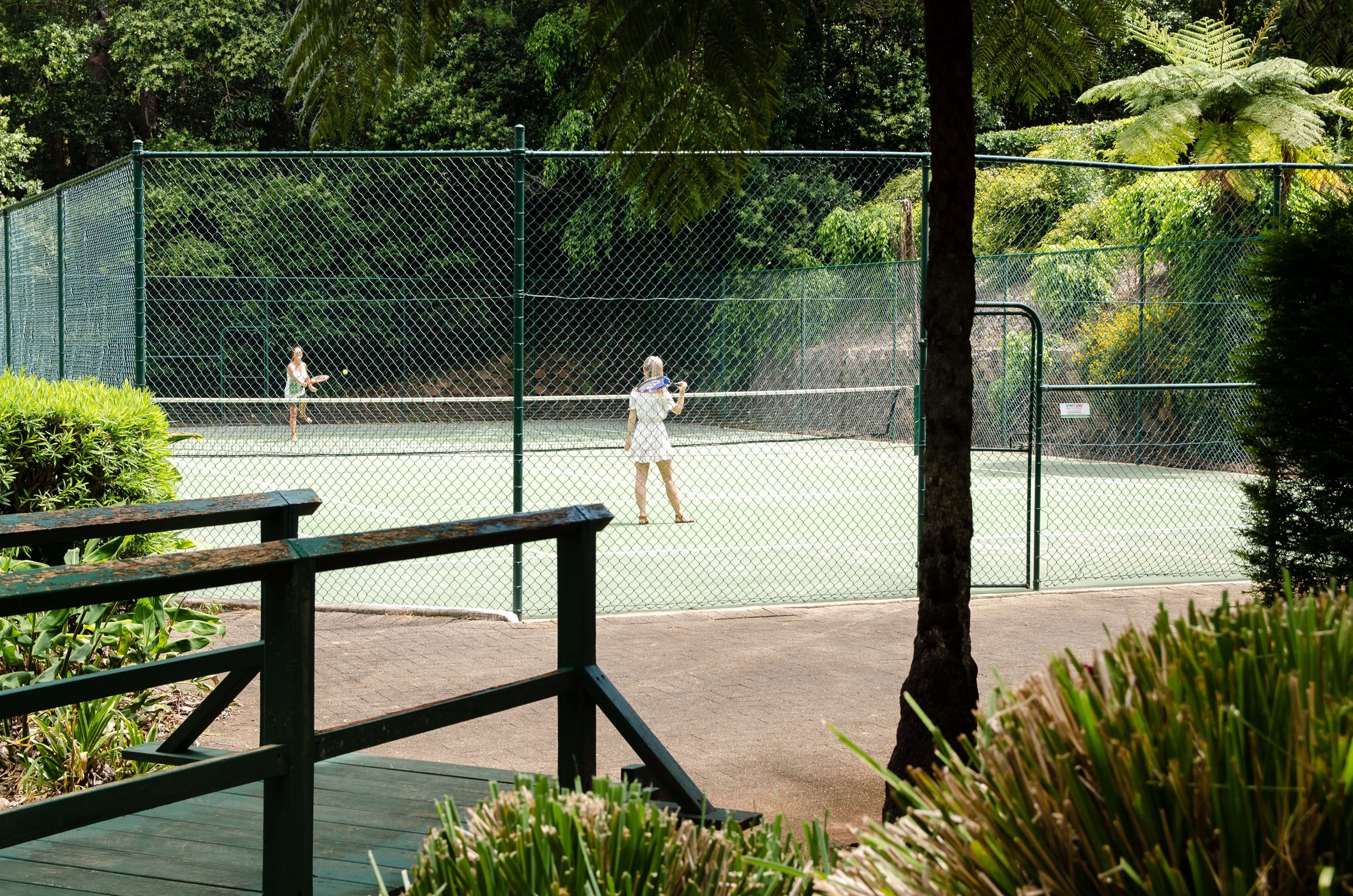 A tennis court with a chain-link fence, surrounded by greenery and a wooden deck.