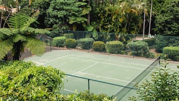 A tennis court surrounded by dense greenery and a chain-link fence.