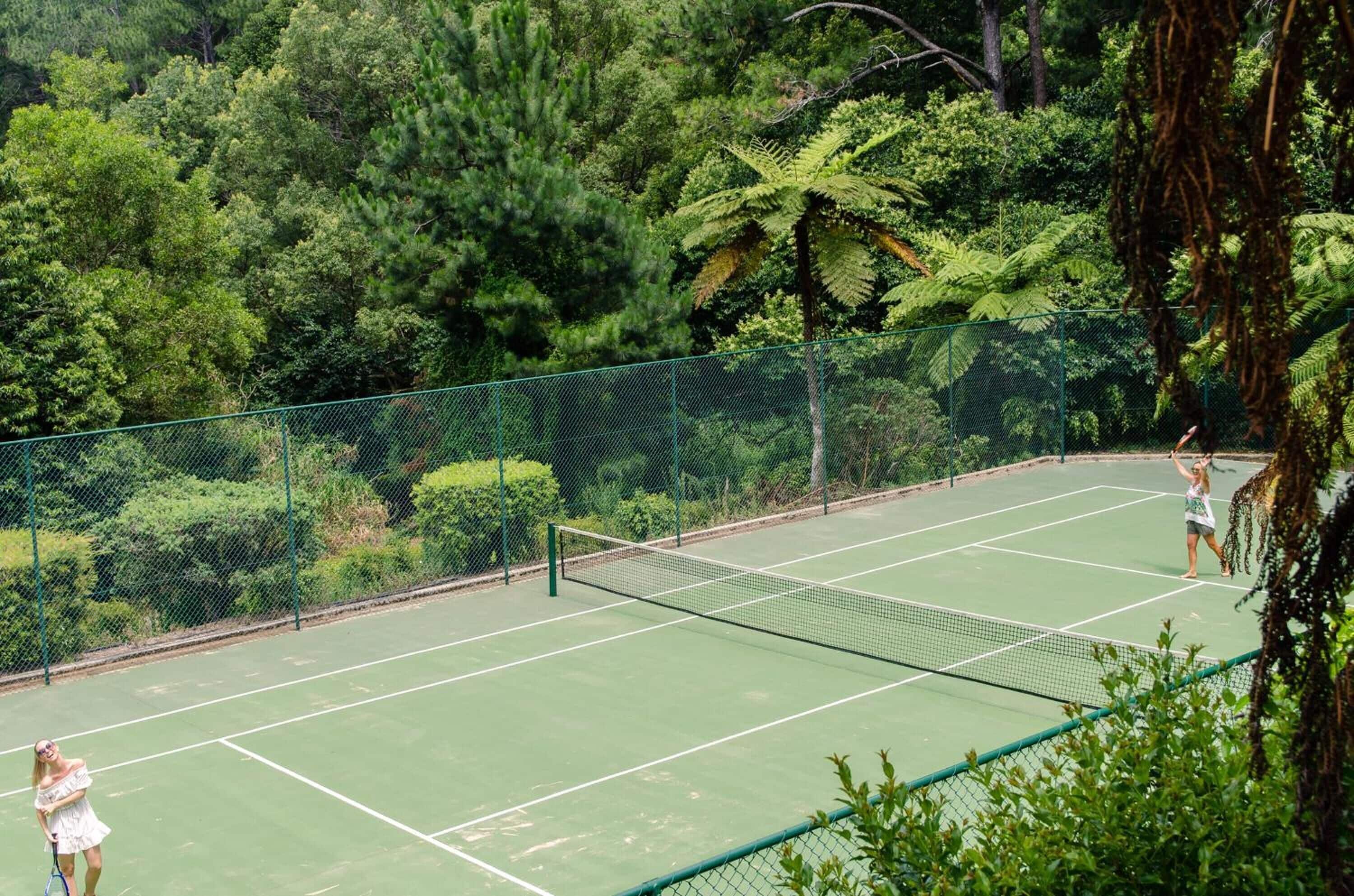 An outdoor tennis court surrounded by dense greenery.