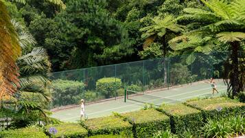 A tennis court surrounded by lush greenery and a fence.