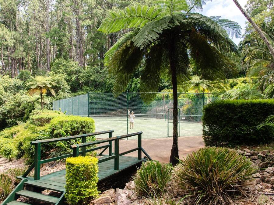 Cancha de tenis rodeada de abundante vegetación y una terraza de madera.