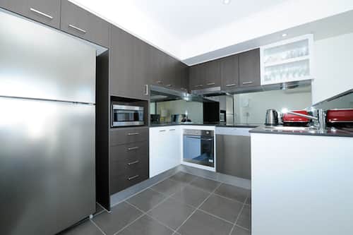 Fridge, microwave, stovetop, electric kettle