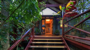 Escadaria que leva a um quarto com temática tropical, rodeado por vegetação exuberante.