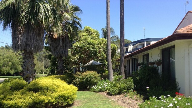 A well-maintained garden with various plants and a pathway leading to a building with a tiled roof. - The Peninsular Merimbula (Merimbula)