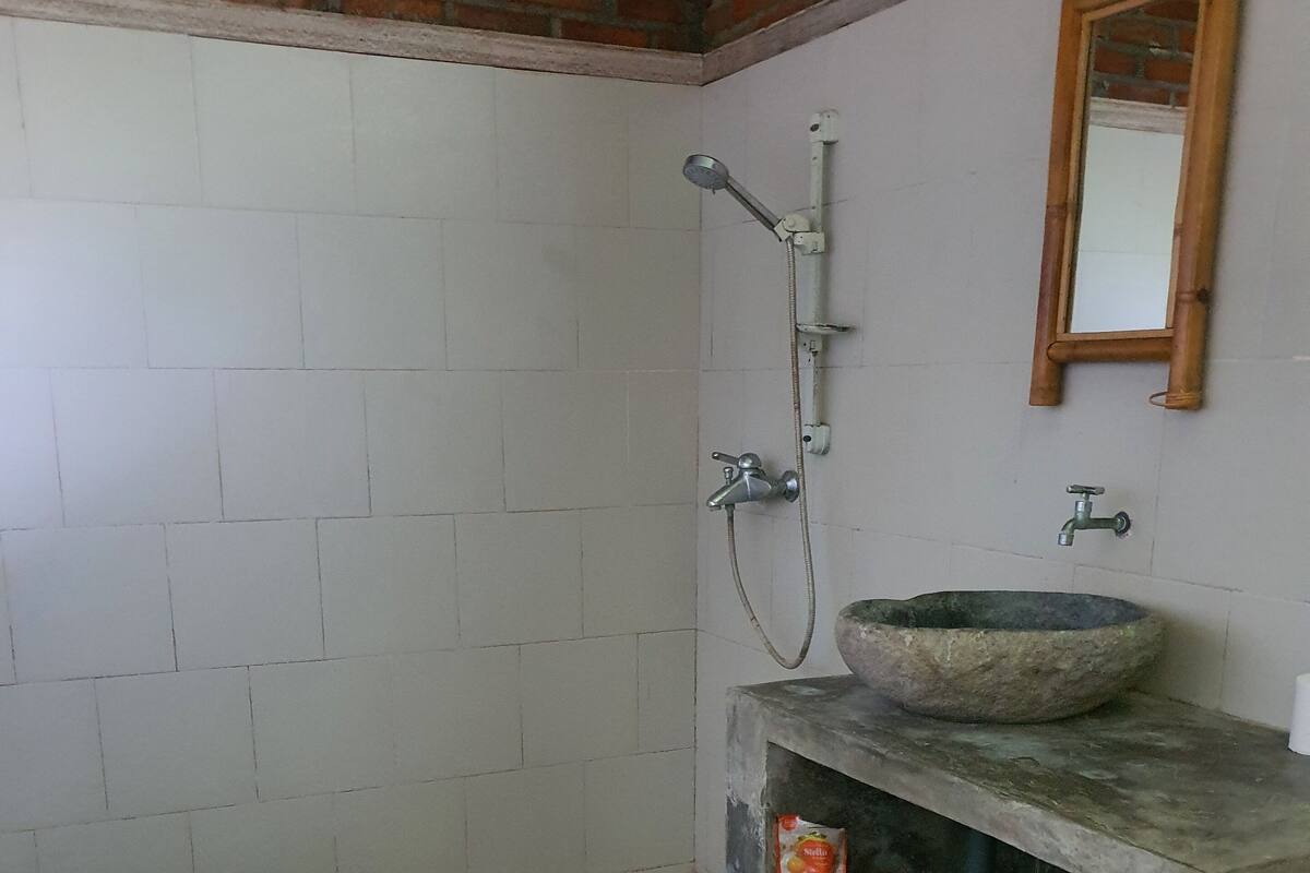 A bathroom with a shower, a stone sink, a toilet, and a small shelf.