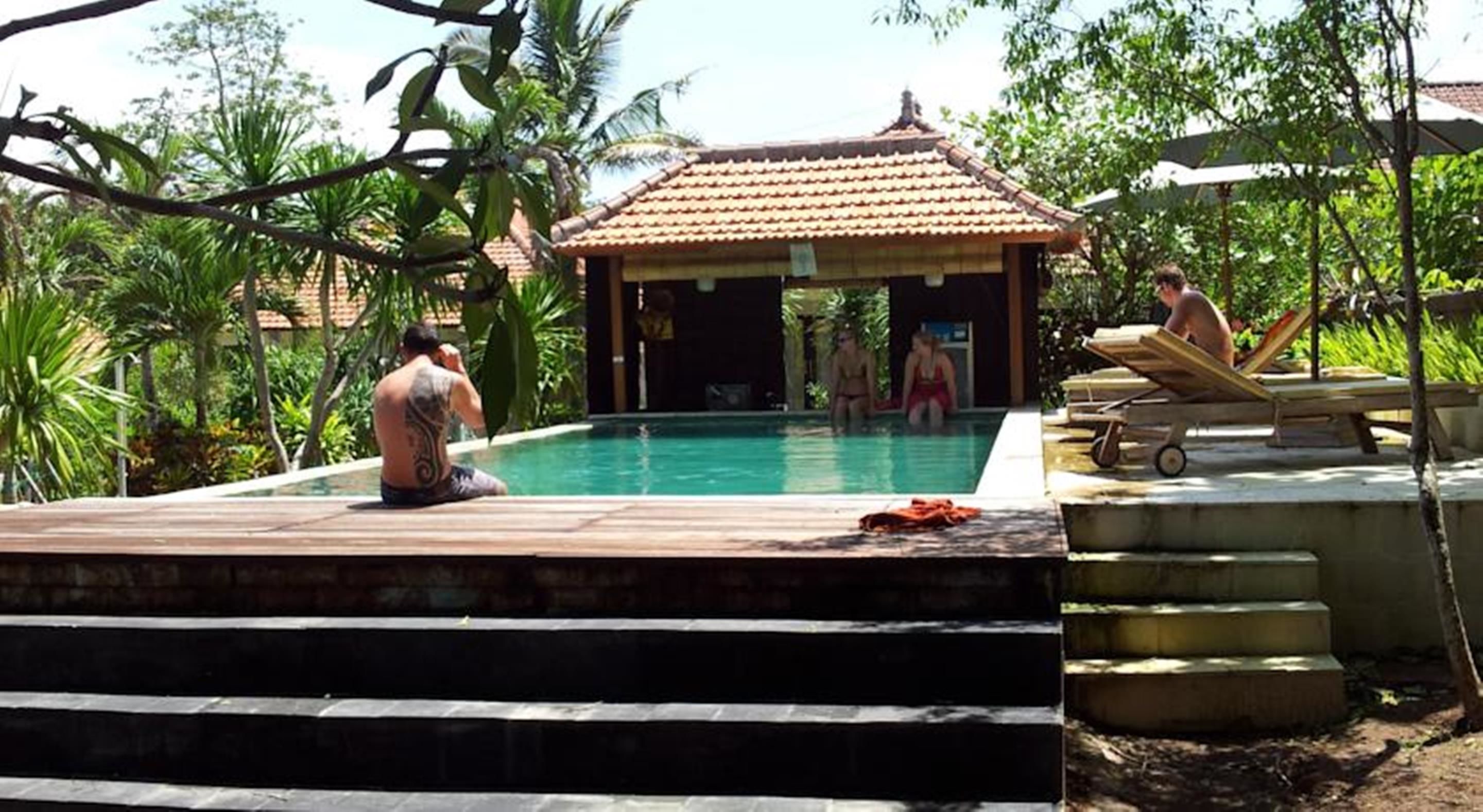A swimming pool with steps leading up to it, surrounded by tropical vegetation.
