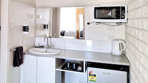 Una kitchenette compacta con un lavamanos blanco, un microondas, una tetera y un lavavajillas.