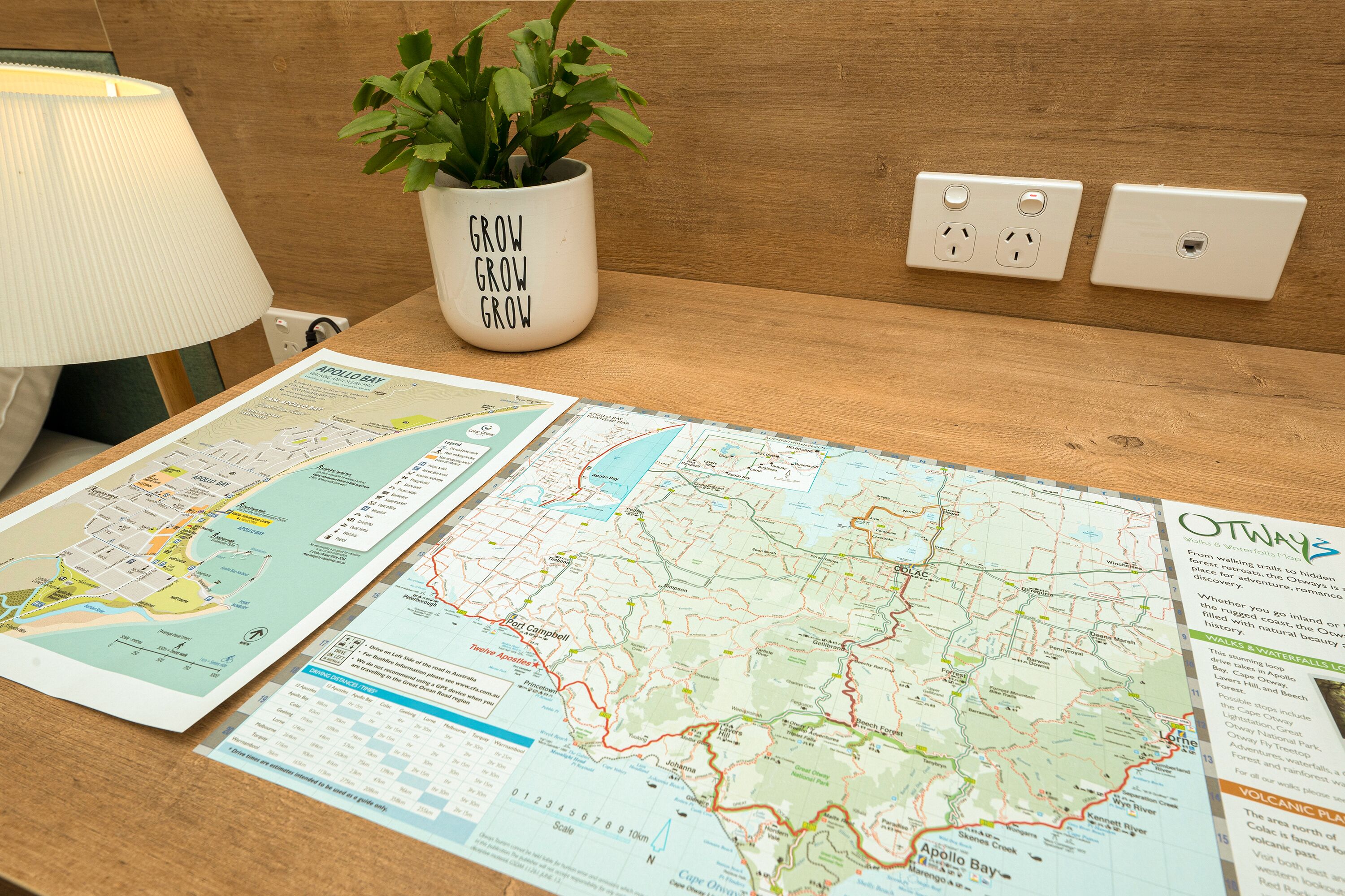 Una mesa de madera con un mapa, una planta en una maceta blanca y una lámpara.