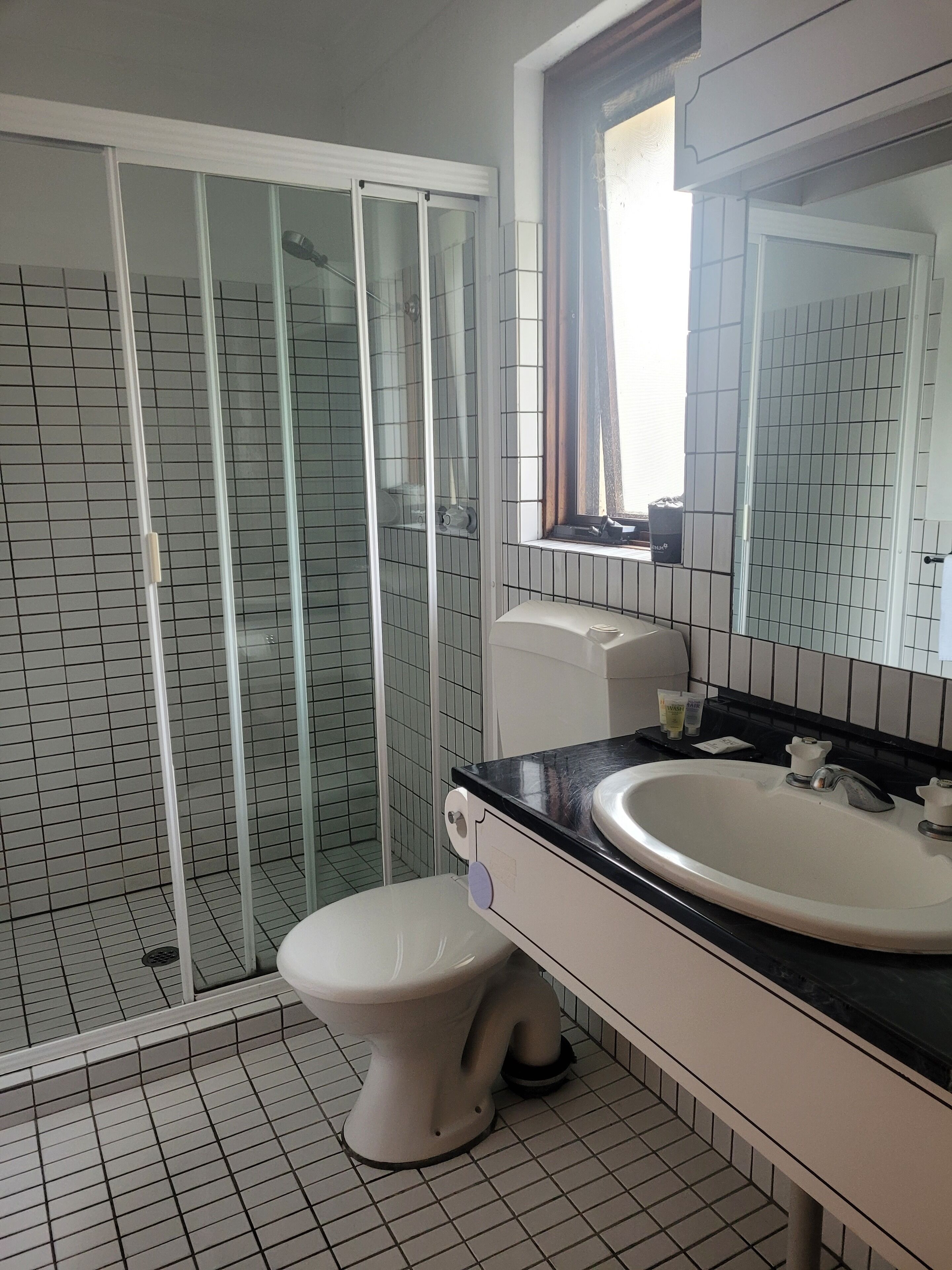 A bathroom with a glass-enclosed shower, a toilet, a sink, and a mirror.