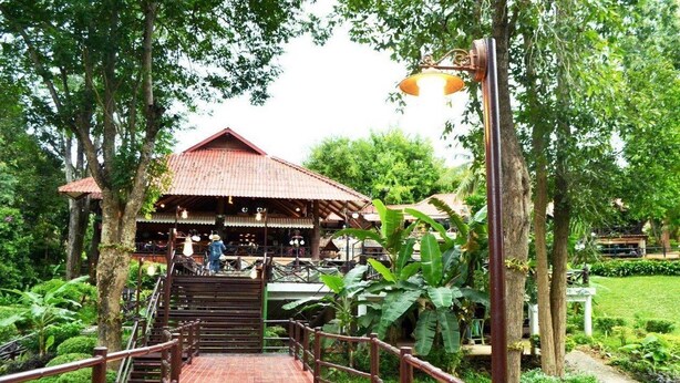 A wooden bridge leading to a building with a red roof, surrounded by lush greenery. - Pung Waan Kwae Noi Resort (Sai Yok)