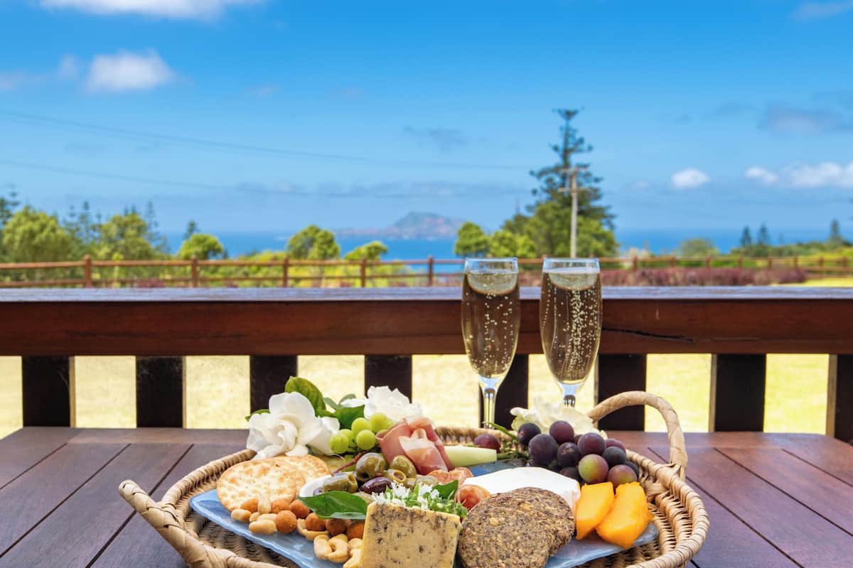 A wooden table with a charcuterie board, glasses of champagne, and a scenic view.