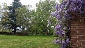 A park with a grassy lawn, trees, and a brick building with purple flowers. - Petersons Armidale Winery & Guesthouse (Armidale)