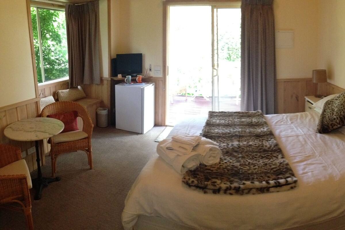 Habitación de hotel con cama, una silla, una mesa, televisión y ventana con cortinas.