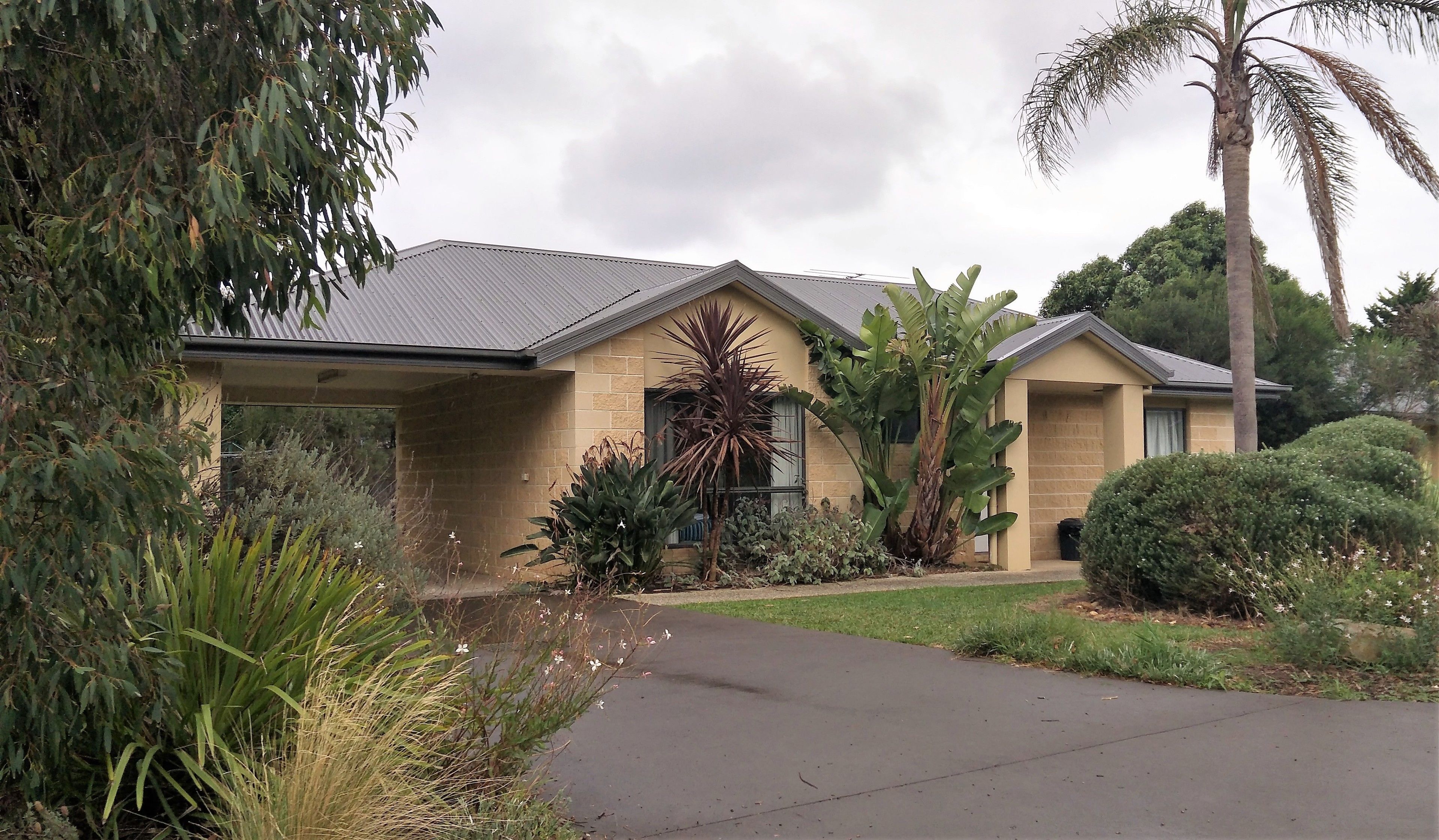 A two-story house with a covered porch, surrounded by various plants and a palm tree.