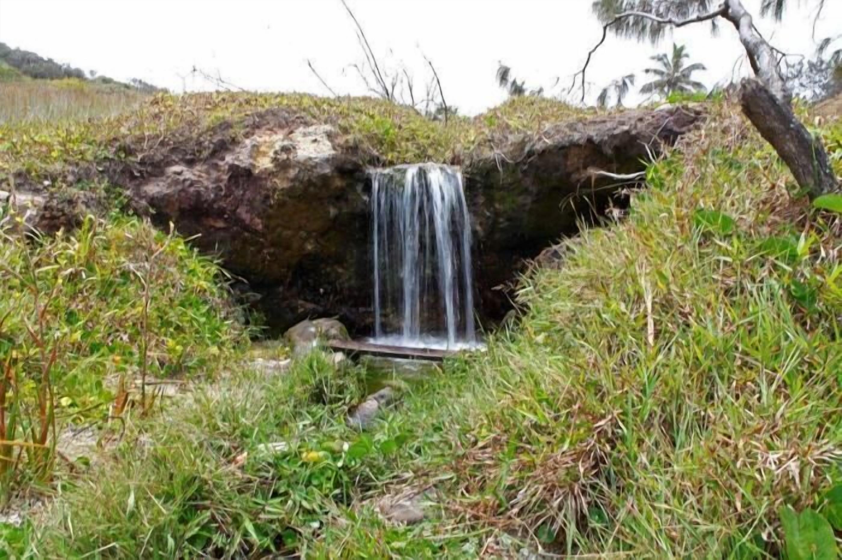 Une petite cascade dans un environnement naturel, avec de l’herbe et des rochers.