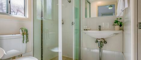 Une salle de bain moderne équipée de toilettes, d’un lavabo et d’une douche à parois de verre.