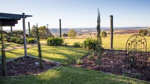 Un jardín con un pérgola, cerca de metal y una jaula de pájaros de metal.