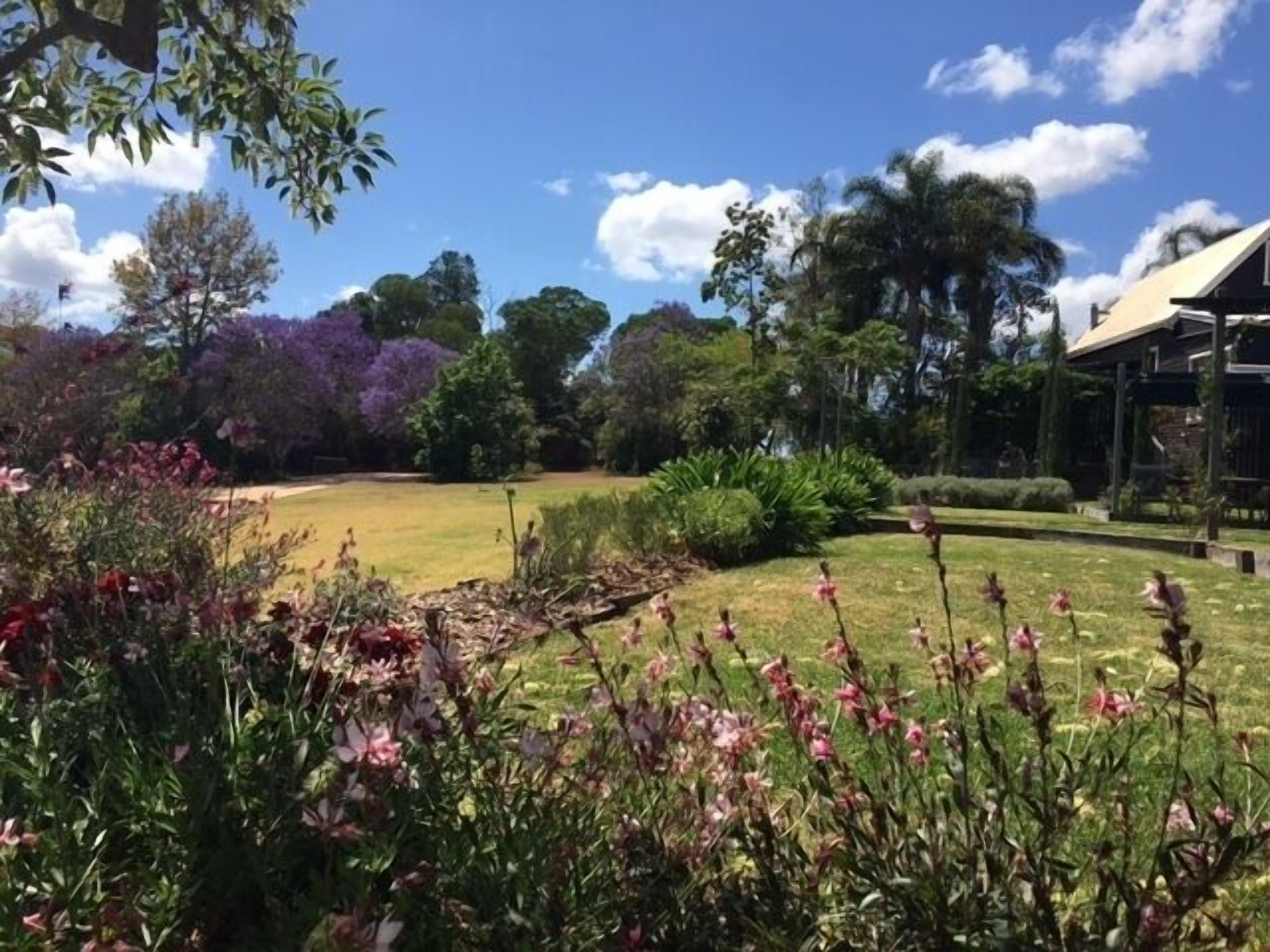 Un jardín con diversas plantas y árboles, un césped y un edificio con techo inclinado.
