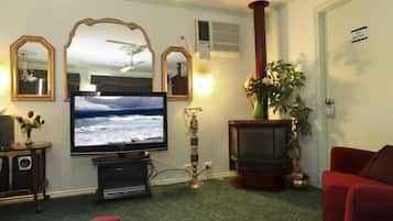 55-inch flat-screen TV with digital channels, Smart TV, fireplace