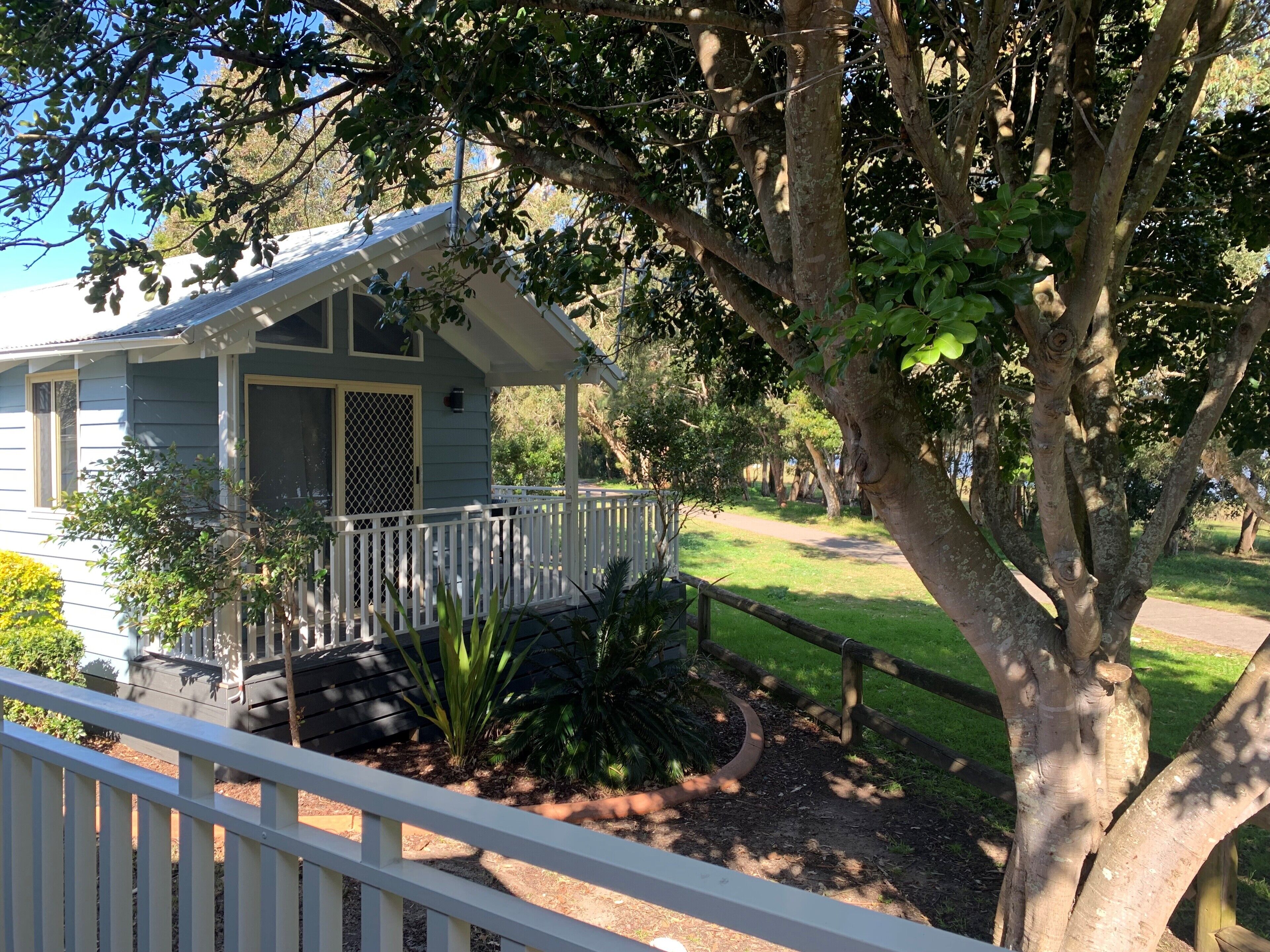 Una casa con portico, un piccolo giardino e un albero di fronte.