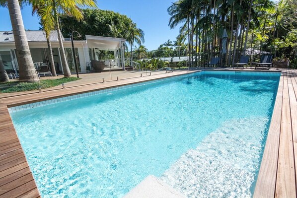 Outdoor pool, pool umbrellas, pool loungers