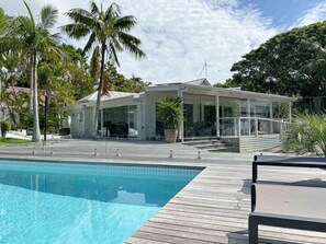 Outdoor pool, pool umbrellas, pool loungers