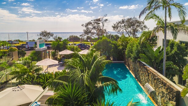 Una piscina rodeada de palmeras y vista al océano.