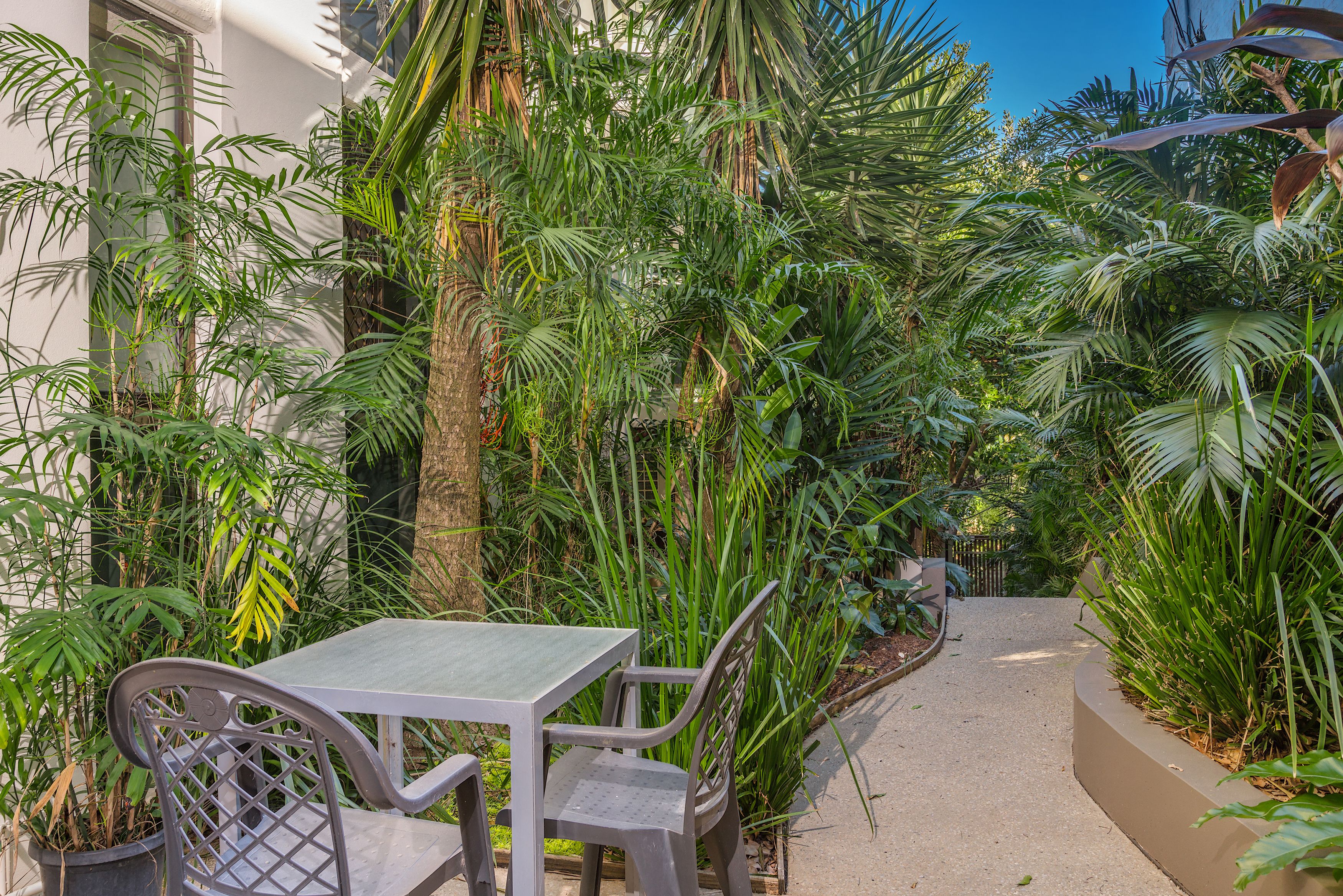 Un sentier bordé d’une végétation tropicale luxuriante qui mène à une table et à des chaises.
