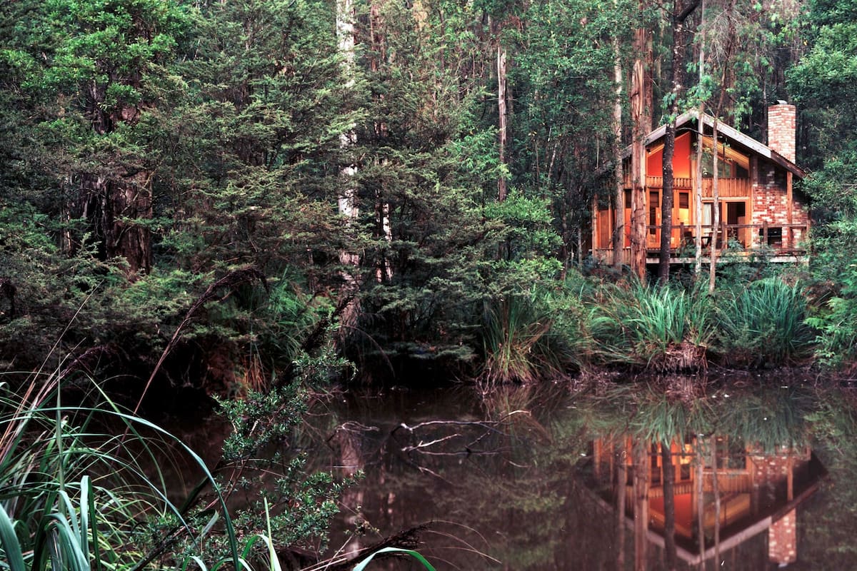 Una cabaña rodeada de un bosque frondoso y una masa de agua.