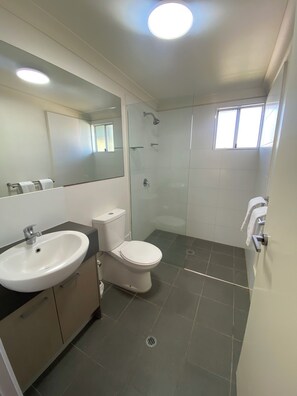 Shower, free toiletries, hair dryer, towels
