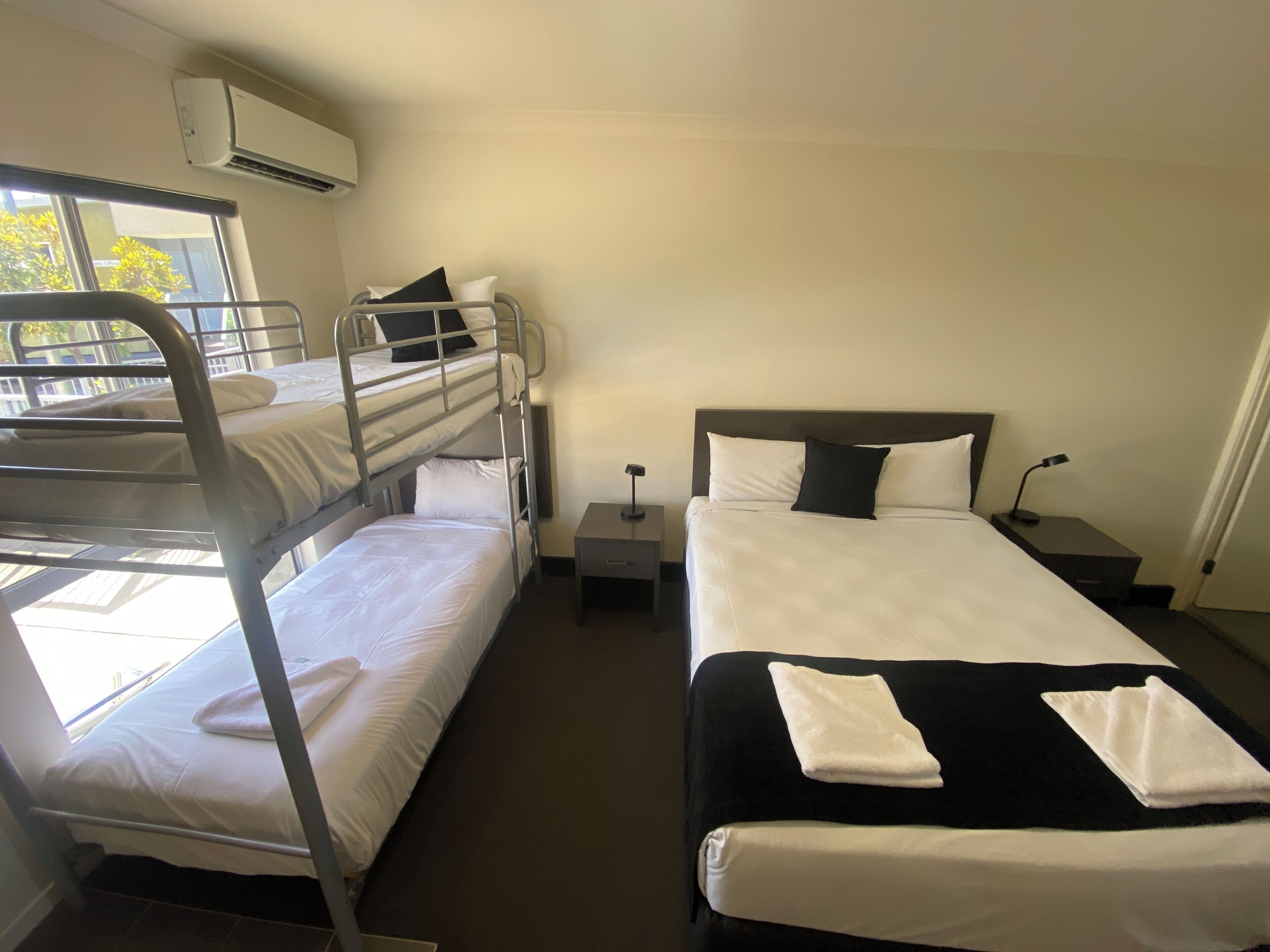 Family Room (1 Queen and  2 Single) | Premium bedding, desk, iron/ironing board, cribs/infant beds