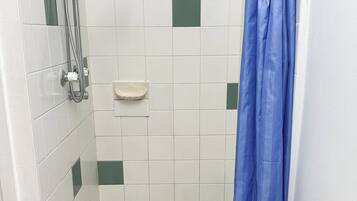 A small, tiled shower area with a showerhead, a towel holder, and a blue shower curtain.