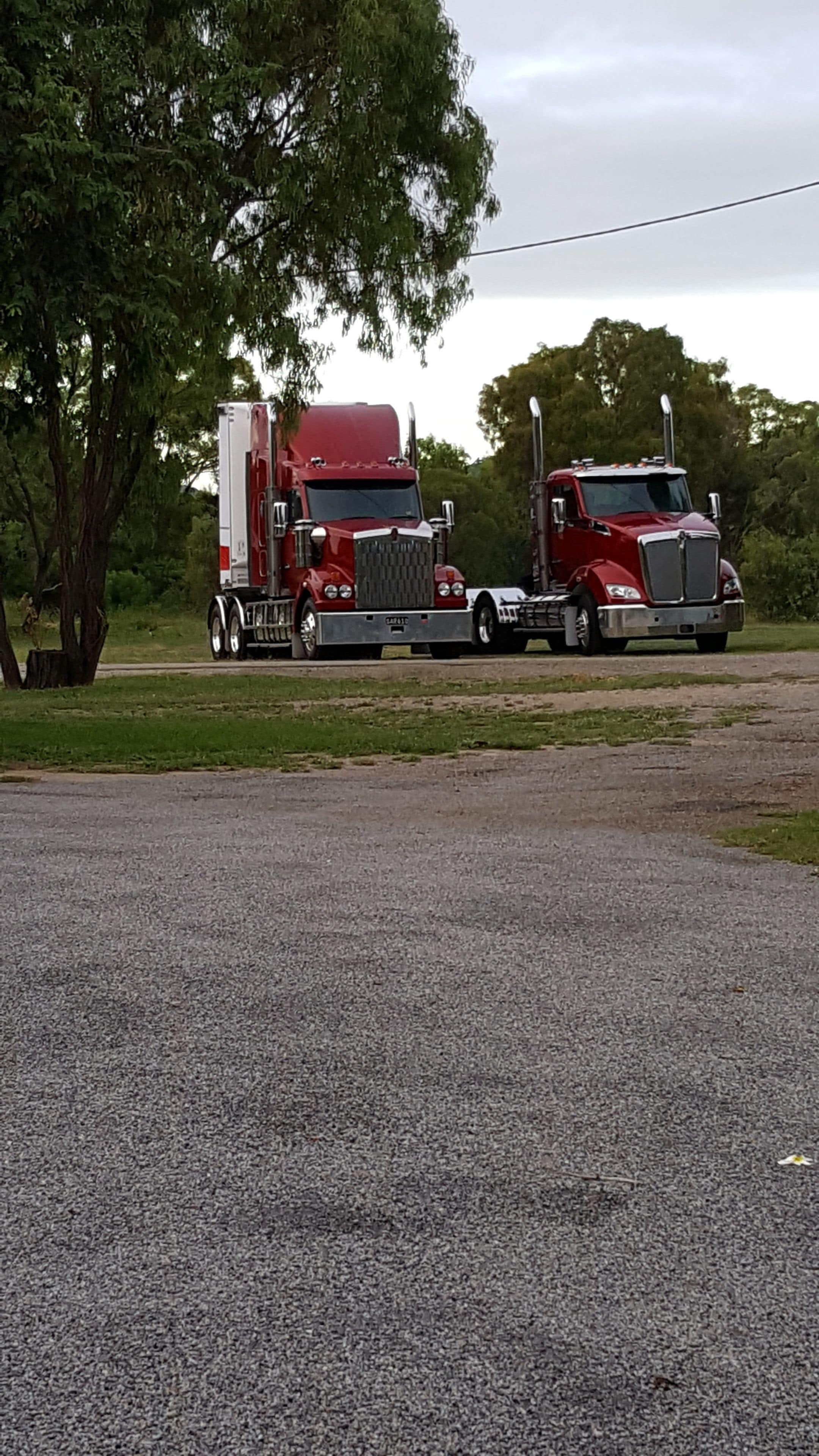 Two red semi-trucks parked on a gravel surface with trees in the background.