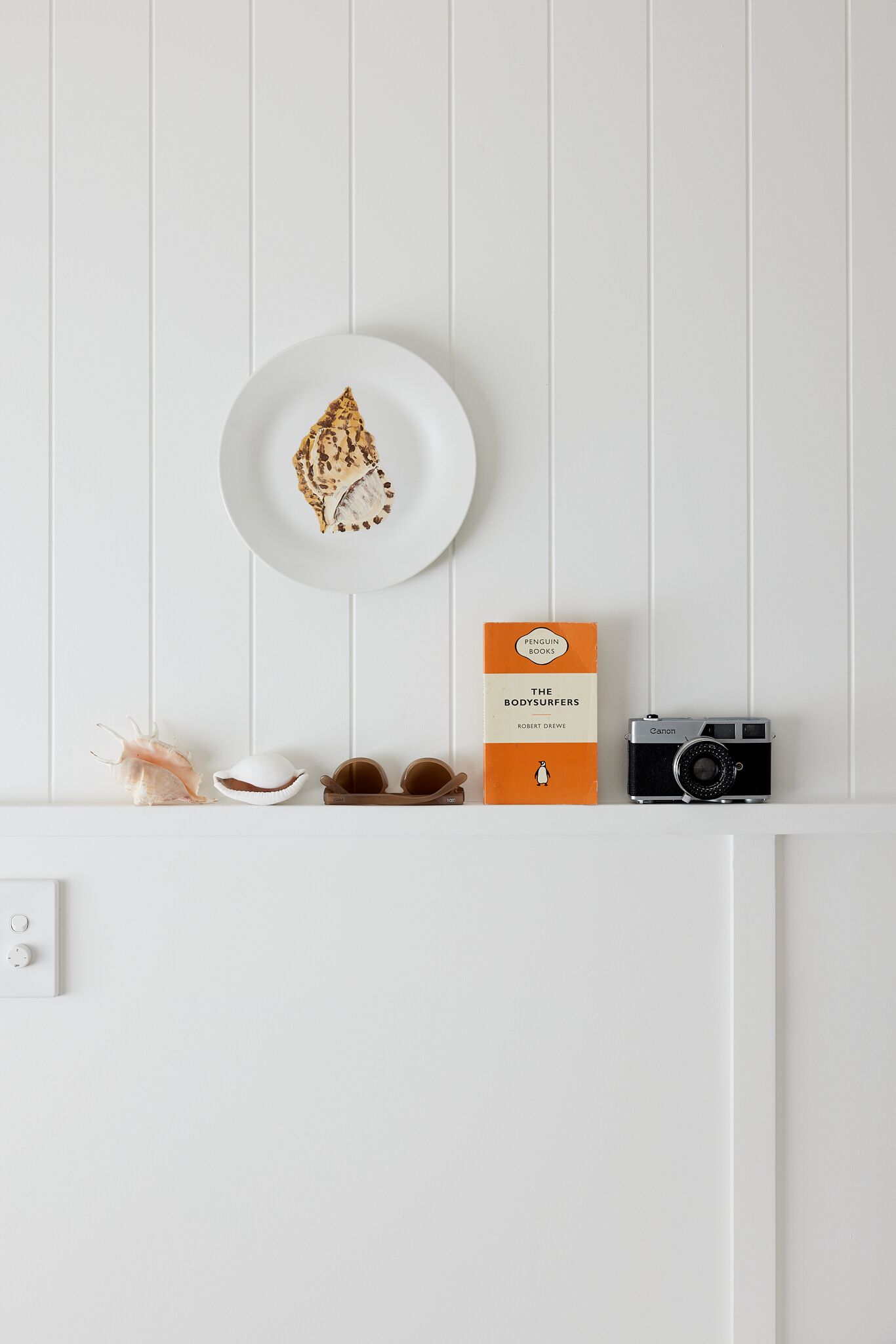 A white shelf with a book, a camera, and decorative items.