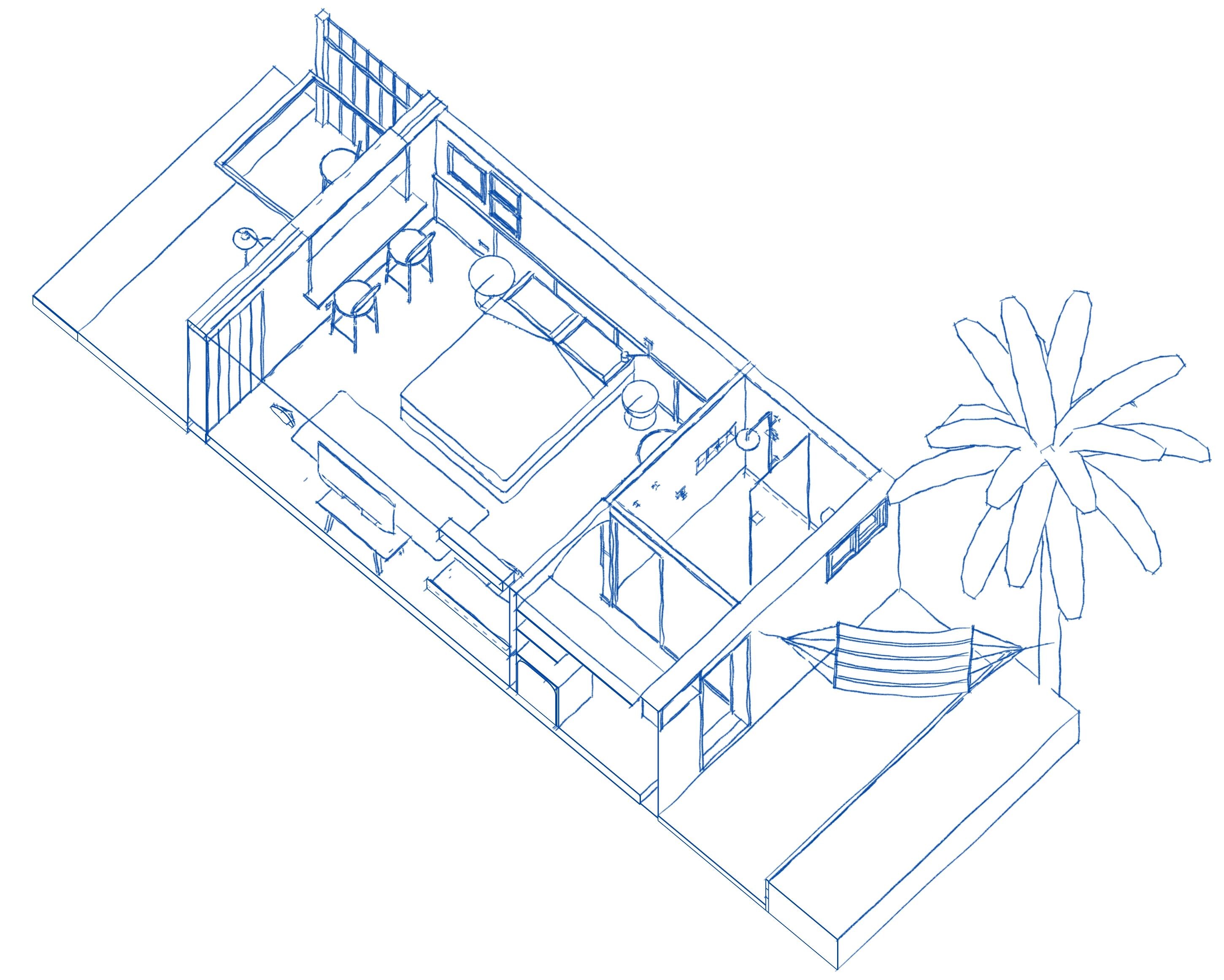 Un plano arquitectónico en 3D de un hotel con varias habitaciones, un vestíbulo central y una palmera.