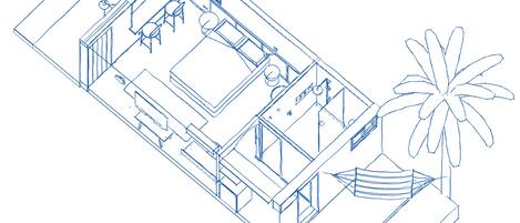 Un plano arquitectónico en 3D de un hotel con varias habitaciones, un vestíbulo central y una palmera.
