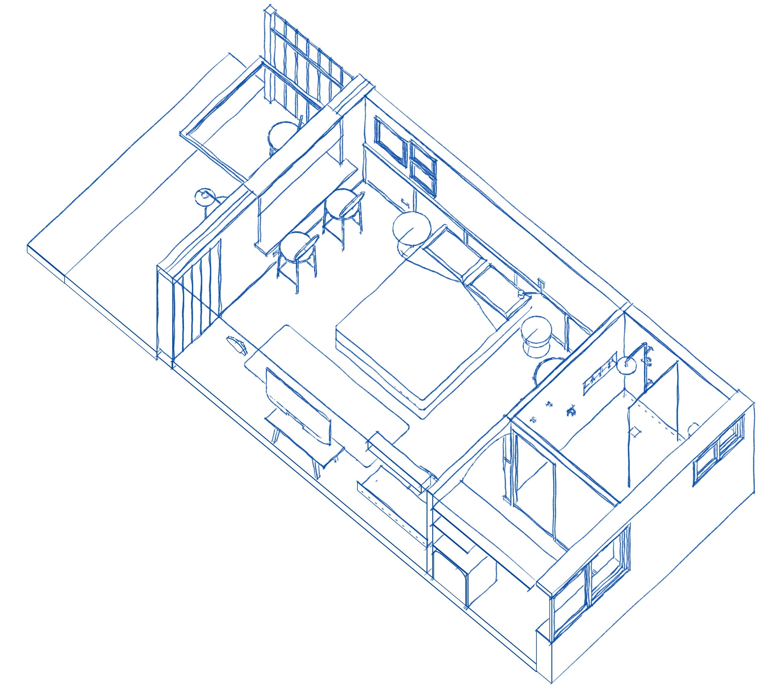 A 3D architectural floor plan of a hotel with a central lobby, multiple rooms, a dining area, and a bar.