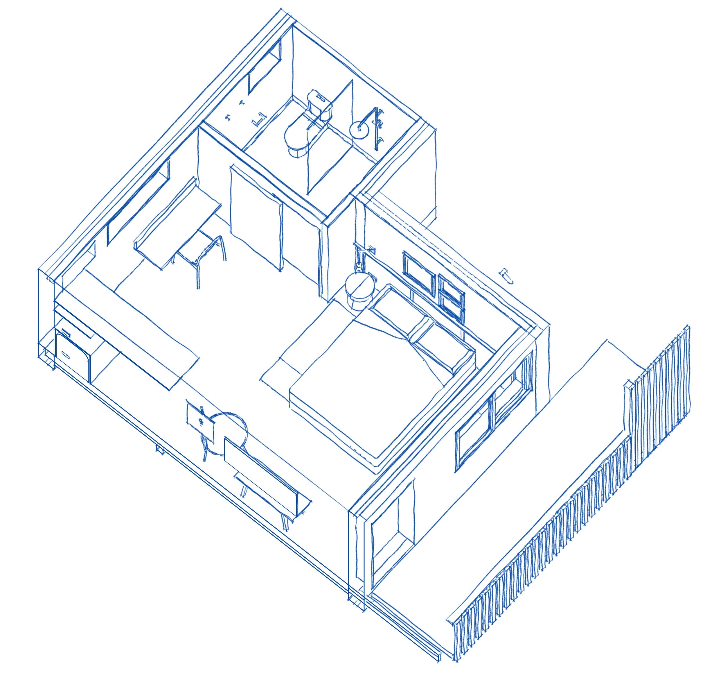 En 3D-modell av en modern byggnads planritning, som visar kök, matplats och vardagsrum.