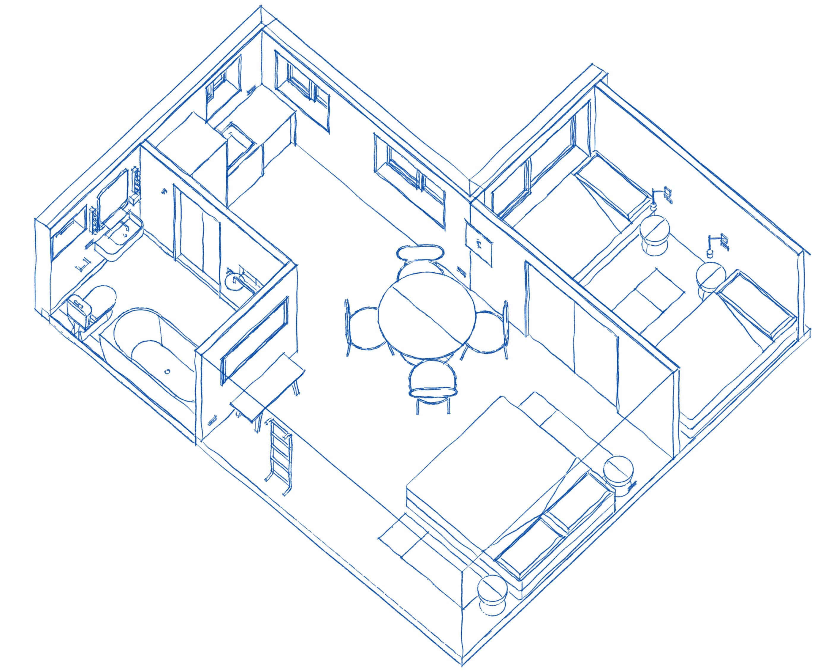 A 3D architectural floor plan of a hotel room with a bathroom, a dining area, and a bedroom.