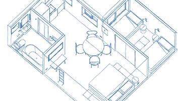 Plano arquitectónico en 3D de una habitación de hotel con baño, comedor y dormitorio.