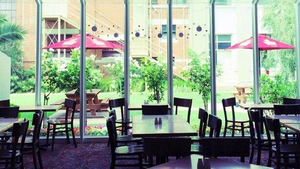 Un comedor interior con mesas y sillas, ventanas grandes y sombrillas rojas.