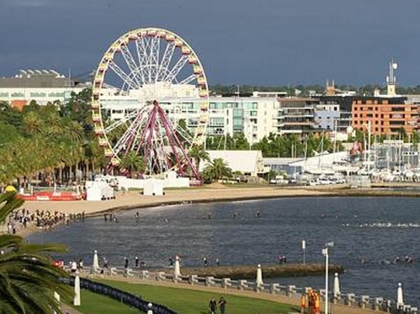 A coastal area with a large Ferris wheel, a marina, and buildings in the background.